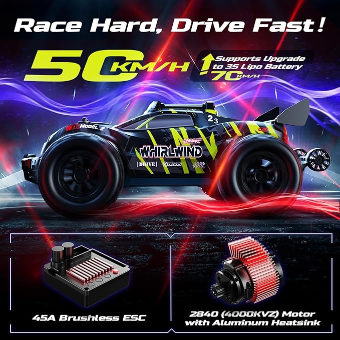 DEERC 1611 1/14 Fast Brushless RC Car for Adults, 43 MPH High Speed 4x4 Off-Road RC Truck, Waterproof Monster Truggy, All Terrain Remote Control Drift Car for Boys 8-12, 2 Batteries, 3S Lipo Compatibl